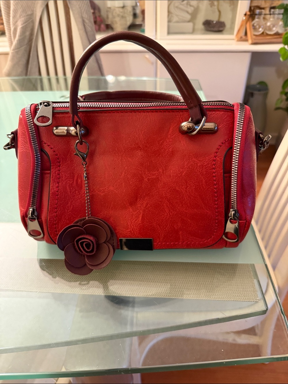 Classic Red Top-Handle Satchel with Floral Charm